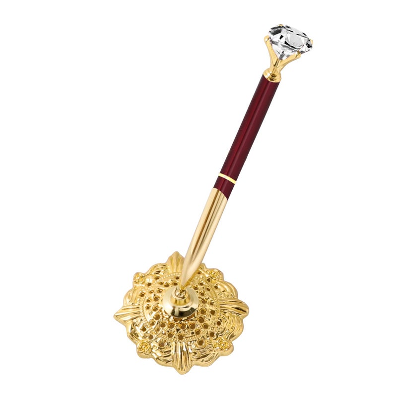 RUTICH Hollow Round Pen Holder Signing Pen Set with Big Diamond Crystal Pen for Wedding Bridal Opening Ceremony Graduation Office, Golden Holder with Burgundy Pen(Black Ink) - Image 1